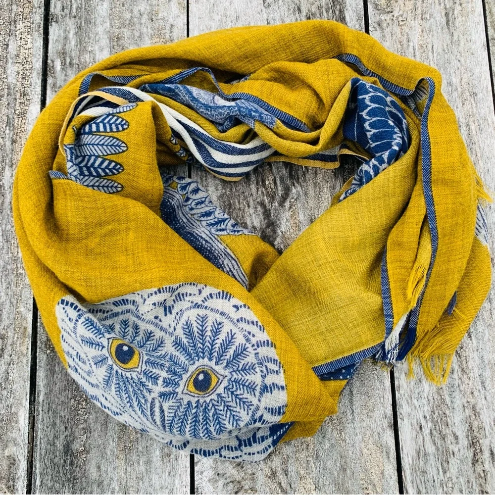 Inouïtoosh Wool Mustard Owl Cat Fringed Blanket Scarf Dupatta